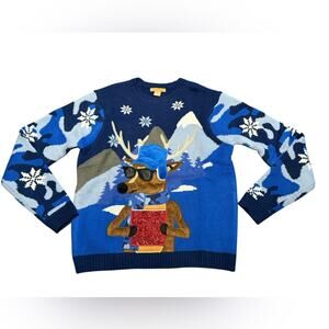 Holidays Adult Large Blue Reindeer Christmas Sweater with Snowflake Design
